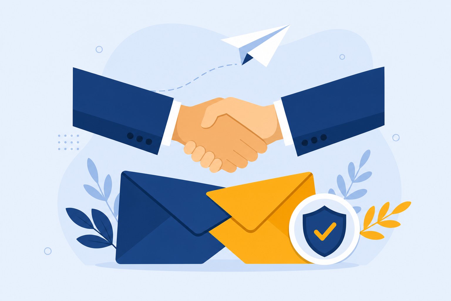 Business email envelopes with a handshake and a verification shield