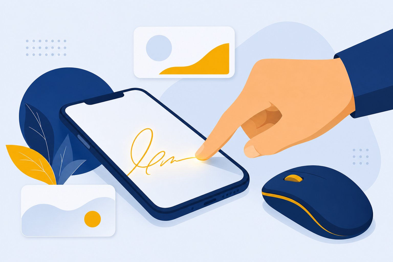 Finger drawing a signature on a smartphone screen next to a computer mouse