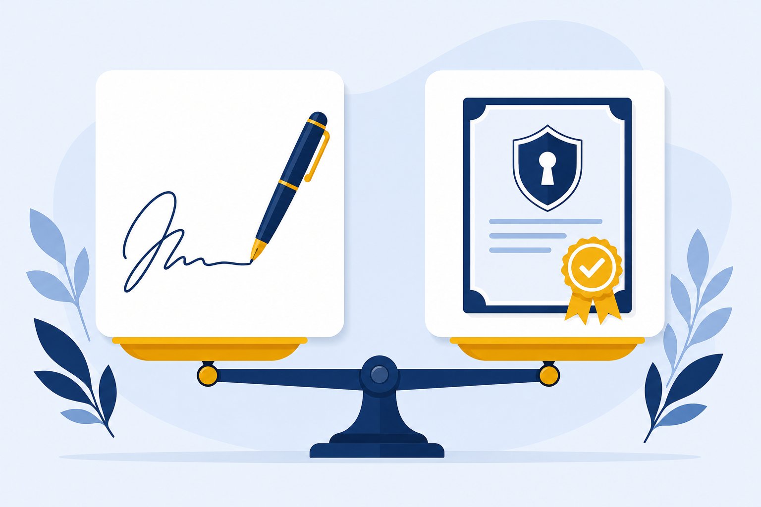 Balance scale comparing a drawn signature with a digital signing certificate