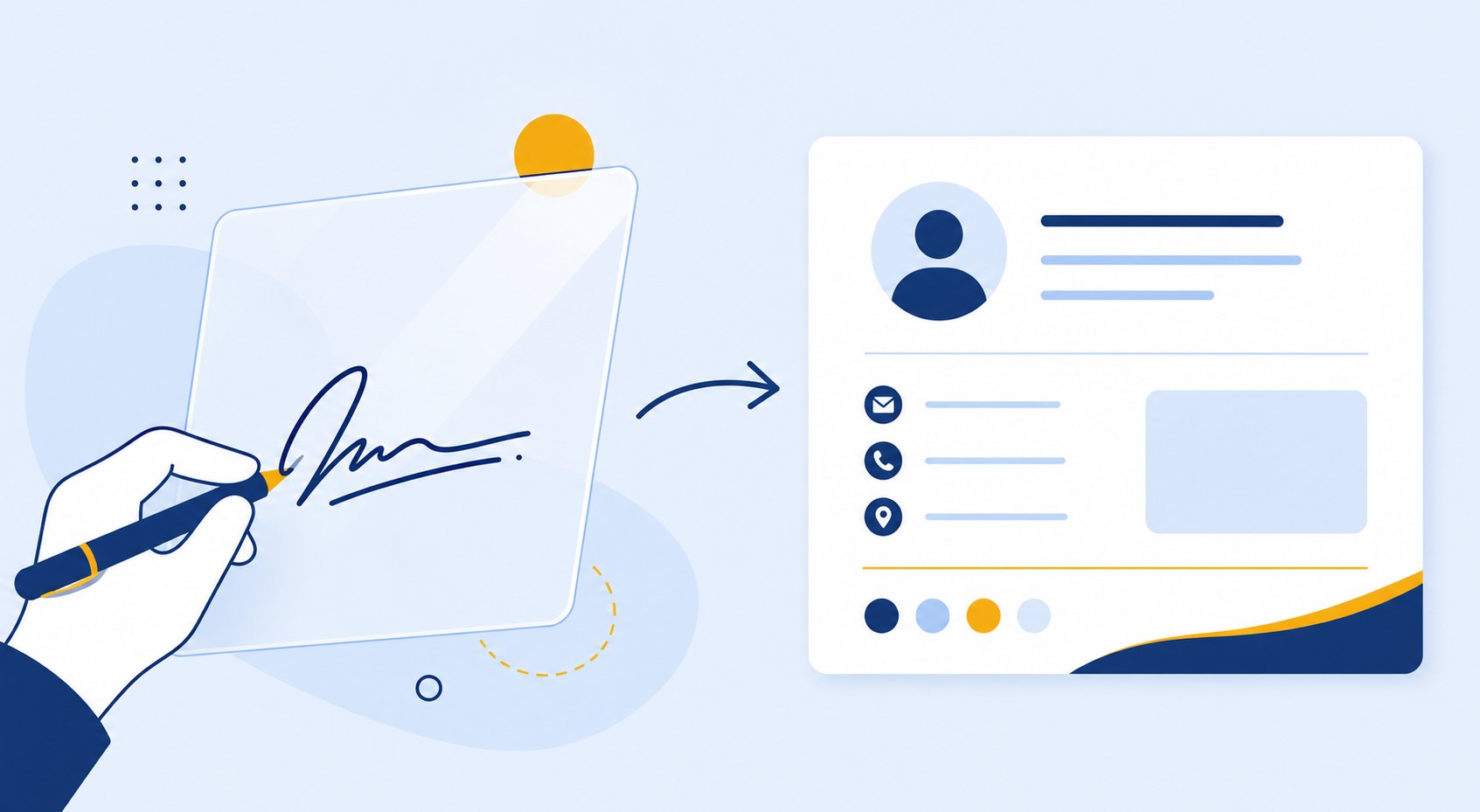Hand writing a signature on a tablet that turns into a finished email signature block