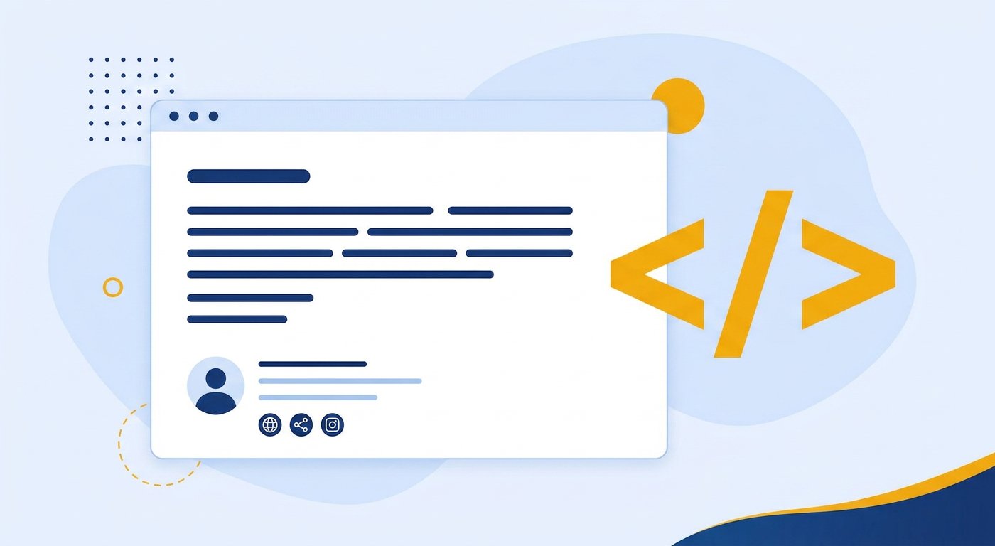 An HTML email signature shown as an email window with a signature block next to code brackets