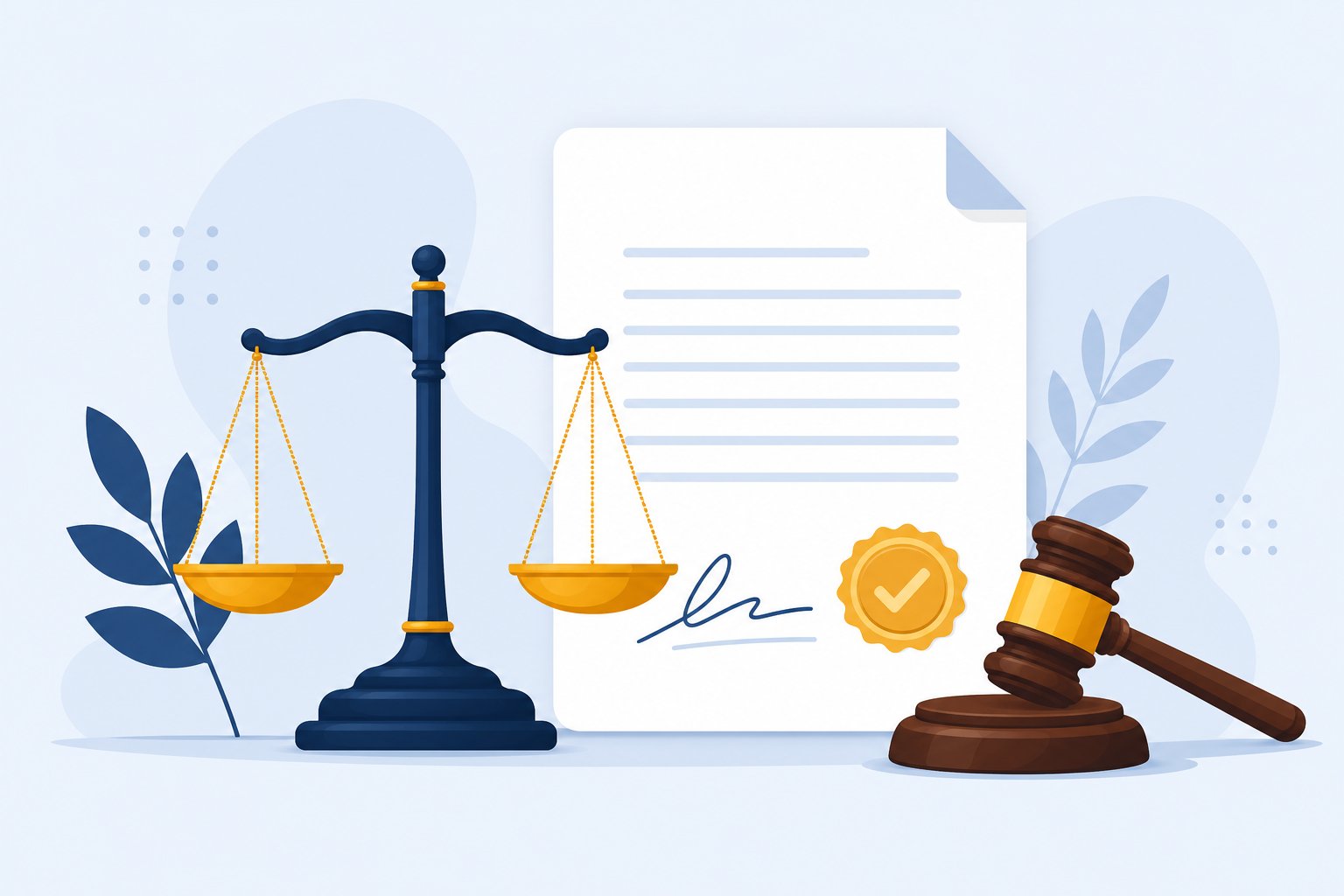 Scales of justice next to a signed document with a checkmark seal