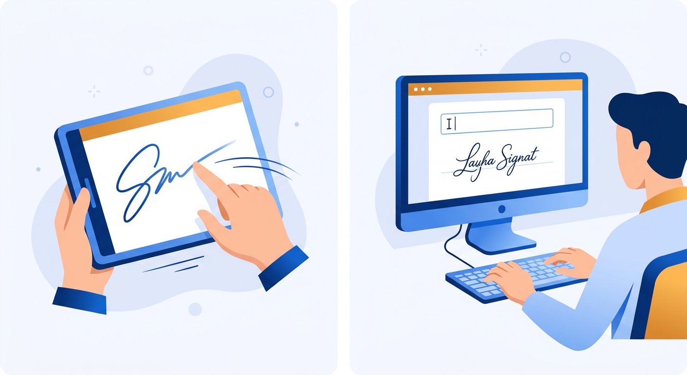 Drawing a signature on a touchscreen and typing a name on a desktop to create an online signature