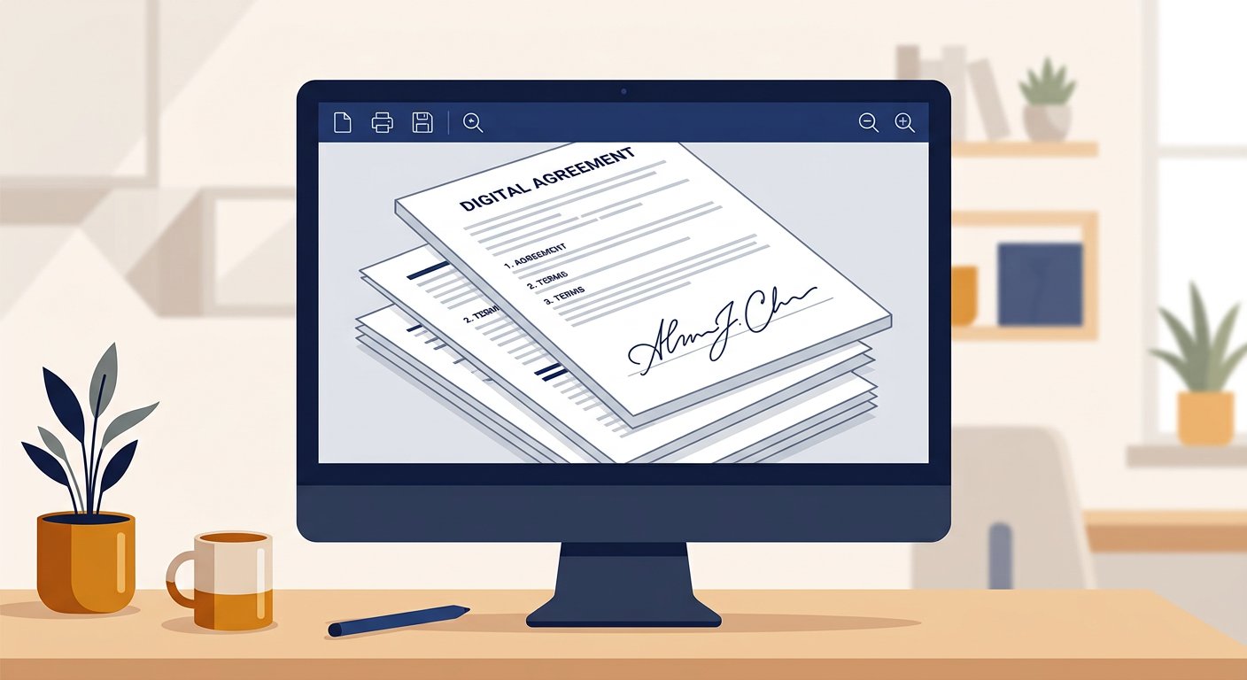 A clean vector signature placed on the signature line of digital documents and a PDF