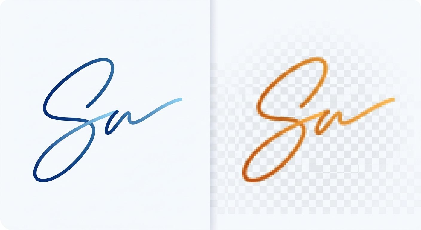 A crisp vector signature curve beside the same signature shown pixelated