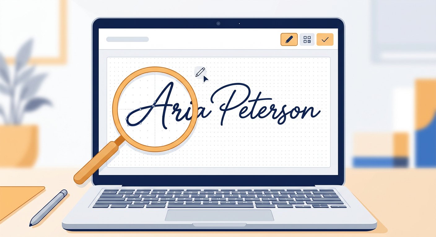 An SVG signature redrawn as crisp vector curves on a screen