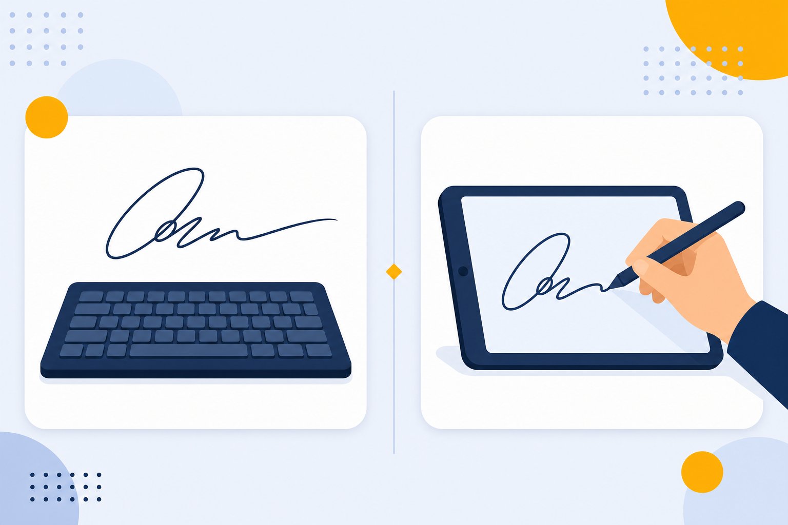 Keyboard and touchscreen side by side showing typed and drawn signature options