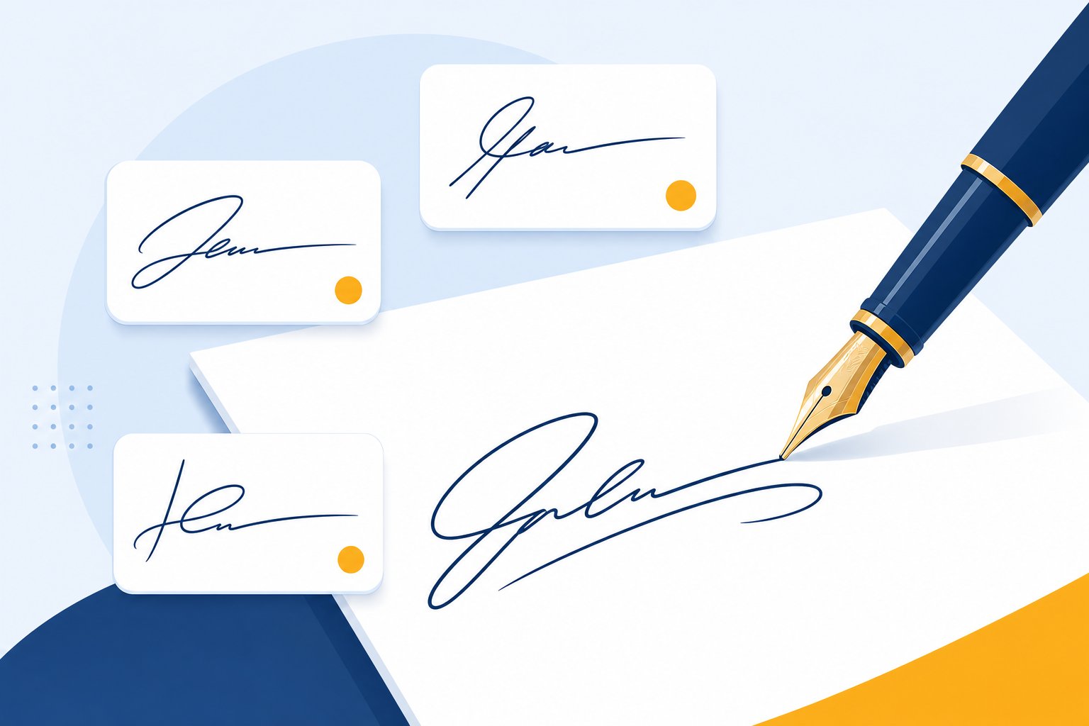 Fountain pen signing a document next to floating signature style previews