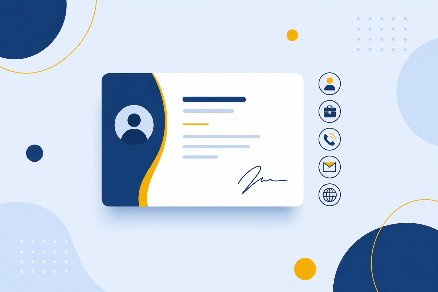 Example email signature card showing a name, job details and contact icons