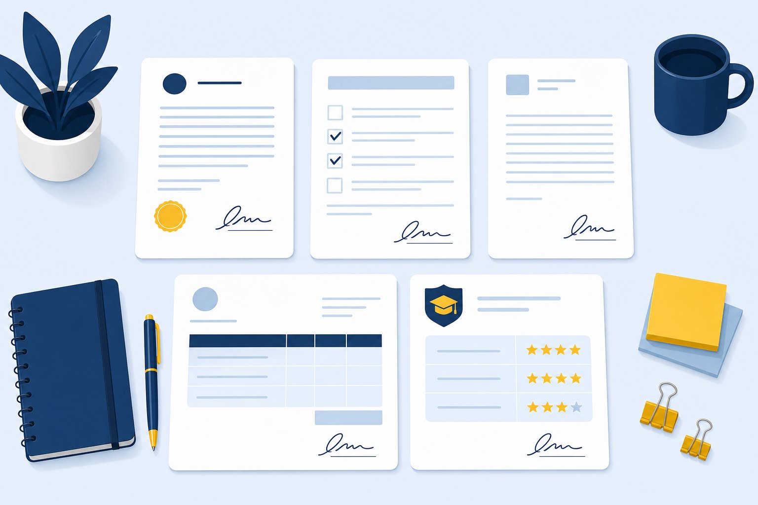 Everyday documents such as contracts, forms and letters with signatures